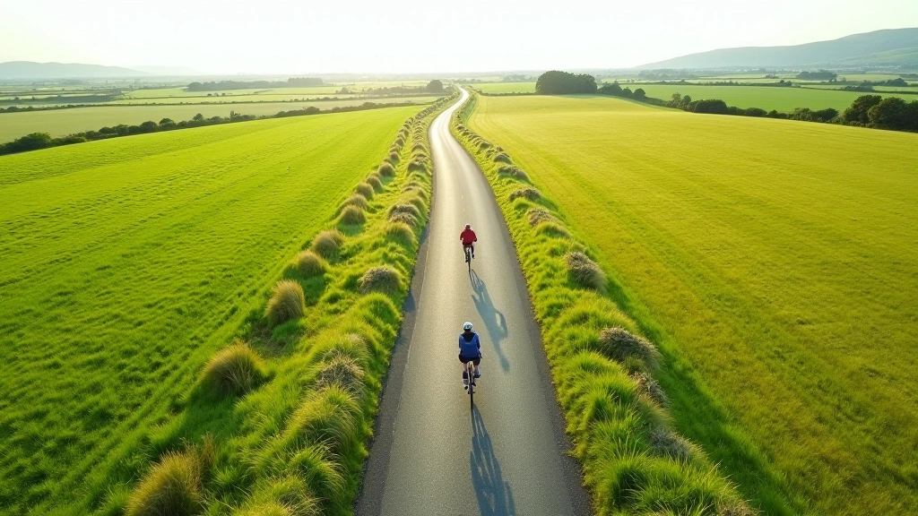 Overhead view of the wide flat cycling path with grass verges on both sides, curved section disappearing into green landscape, bright daylight