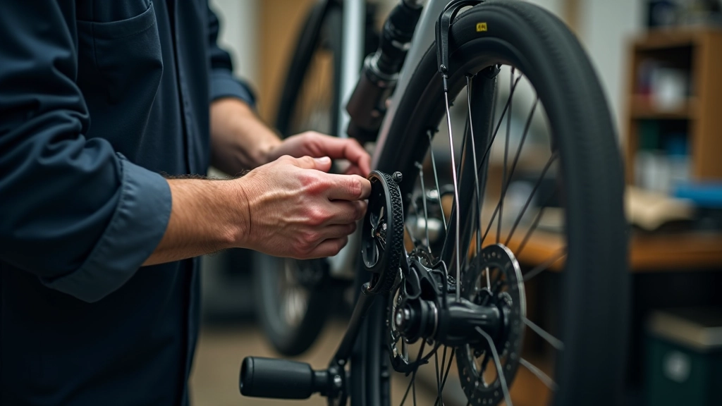 Bicycle mechanic adjusting and measuring bicycle components in workshop setting, showing brake system and gear shifters with tools visible