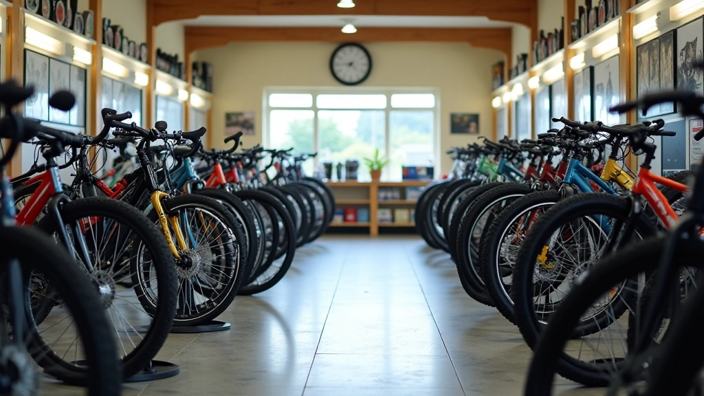Bicycle shop interior showing multiple bikes displayed on stands with price tags and customers browsing, natural light from storefront windows