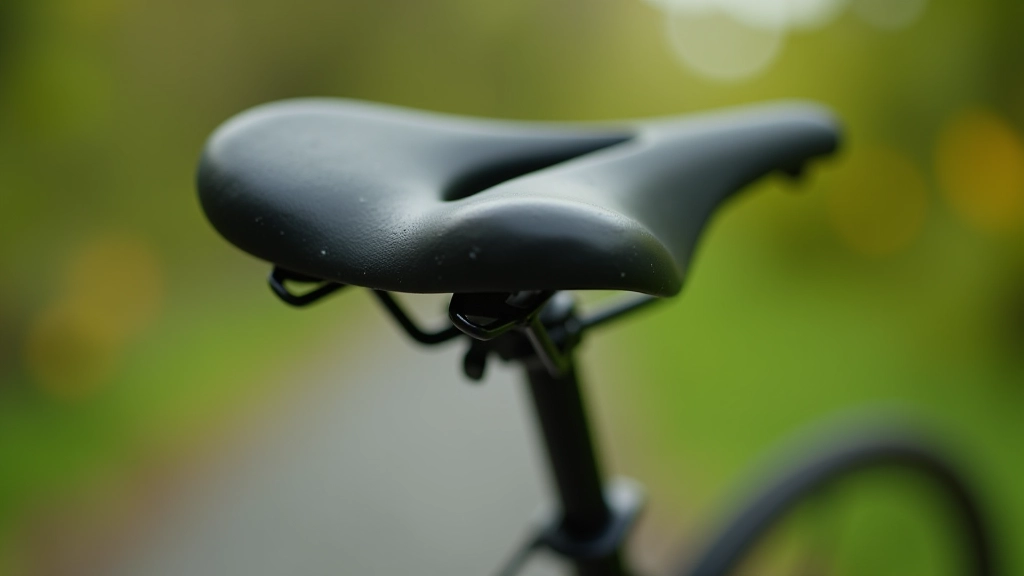 Close-up detail of bicycle seat and saddle design showing ergonomic shape and padding, with cyclist seated position visible from side angle