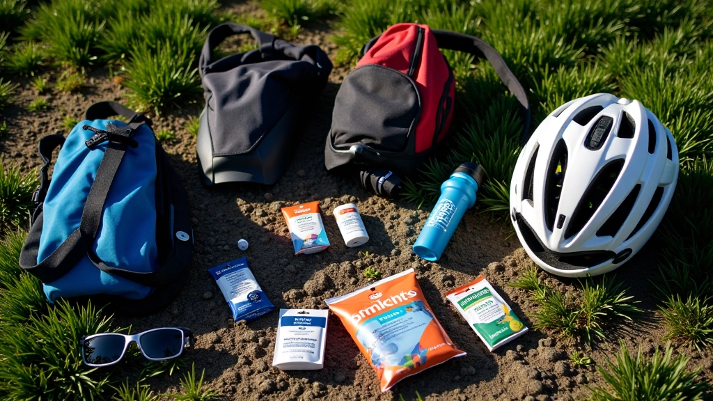 Cycling essentials laid out on ground including helmet, water bottle, sunscreen, repair kit and snacks