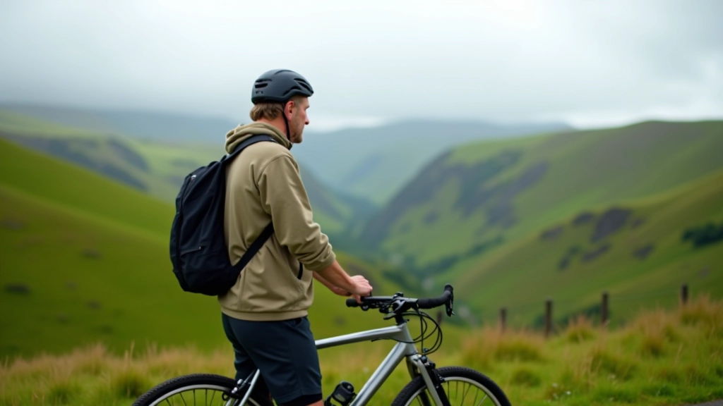 Modern cyclist with bike standing at rest point looking out over green valley landscape, relaxed pose, natural lighting, countryside background