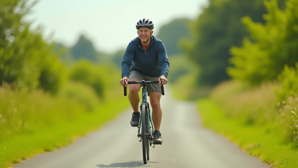 Cyclist on paved greenway path with rolling green landscape in background, clear sunny day