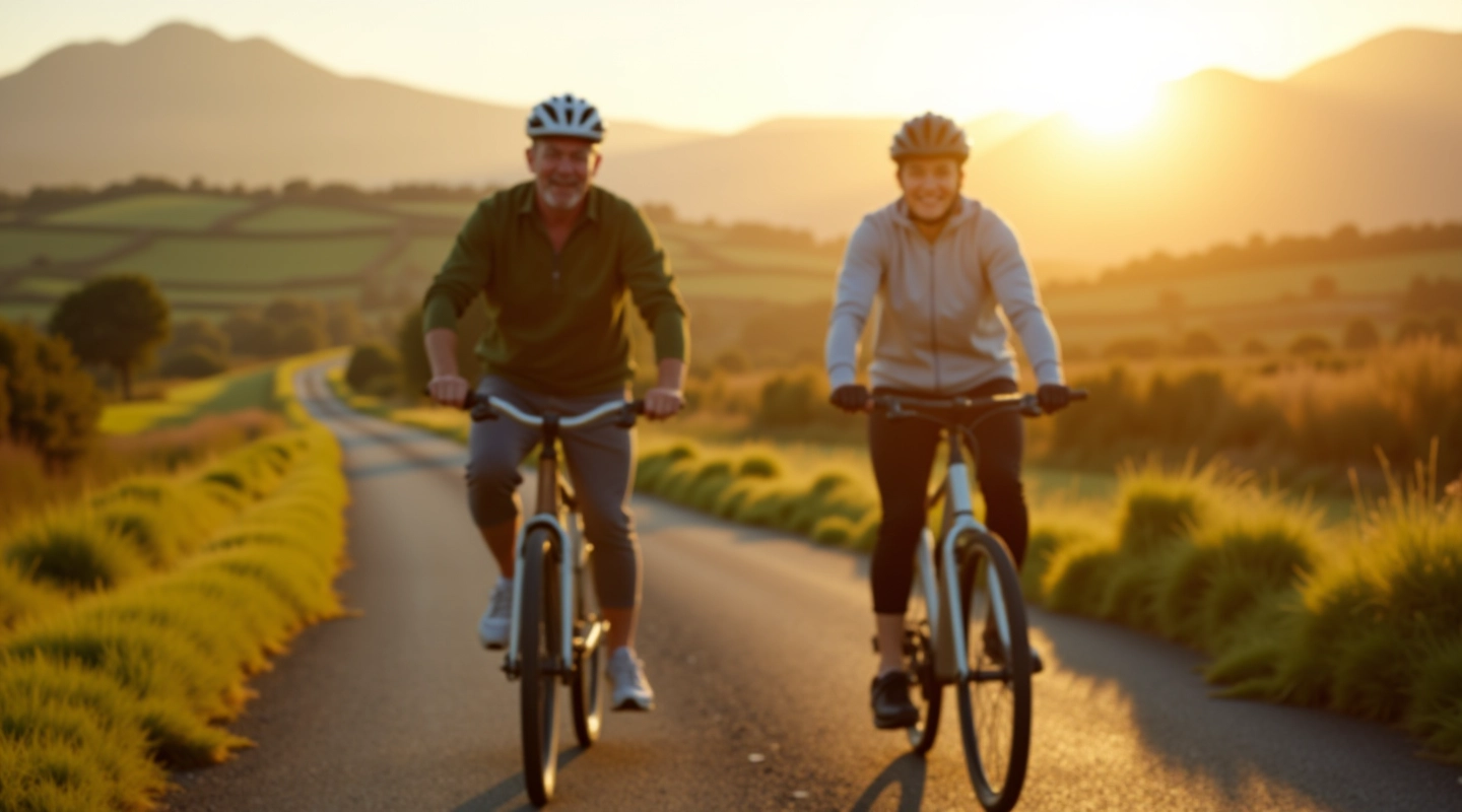 Cyclist enjoying peaceful ride on smooth paved greenway path through Irish countryside with mountains visible in distance