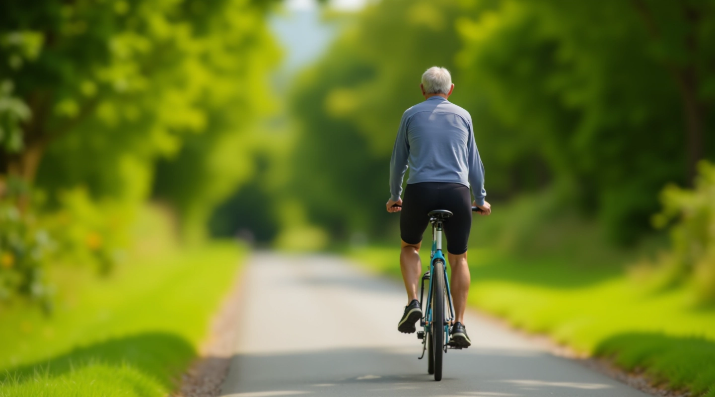 Cyclist riding on smooth paved path through green countryside with trees lining the route
