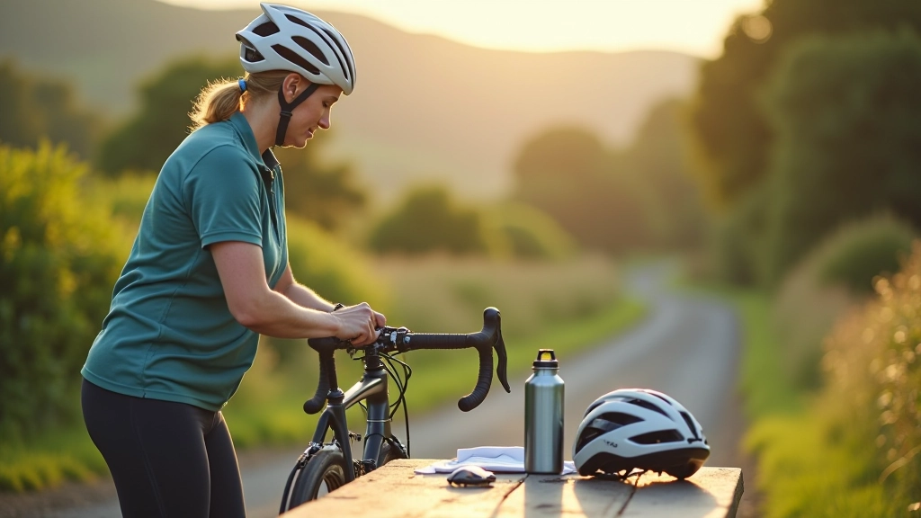 Cyclist preparing bike with water bottle and helmet on wooden table outdoors