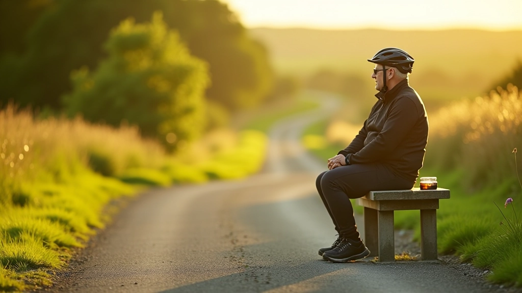 Cyclist resting on bench beside greenway path with water bottle and map visible
