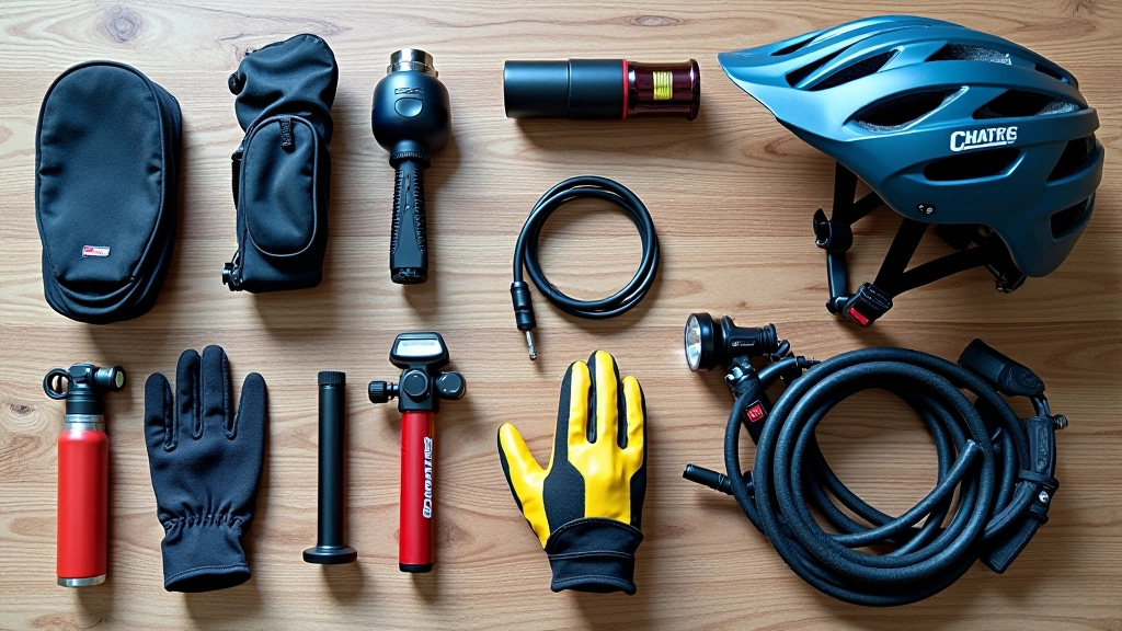 Collection of bicycle accessories neatly arranged including helmet, lights, lock, pump, water bottle, and cycling gloves on wooden surface with natural lighting