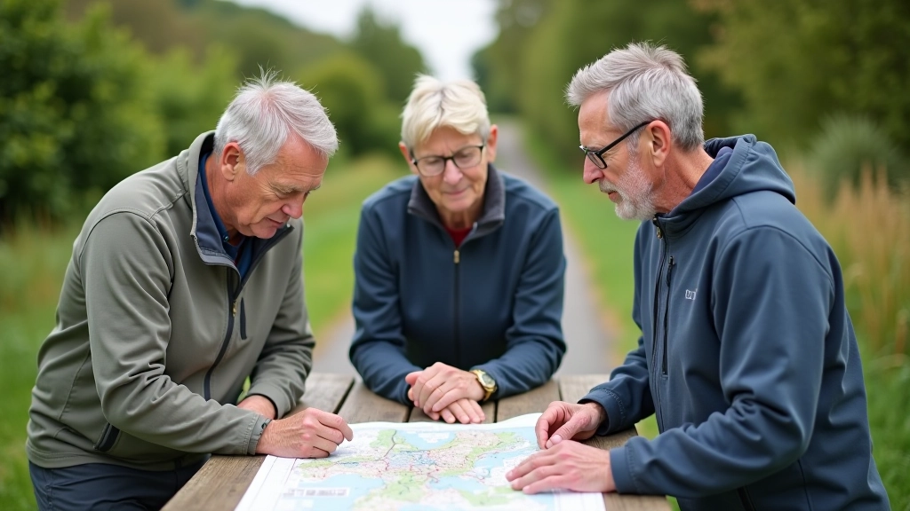 Group of cyclists standing beside their bikes on grassy area, examining a route map together