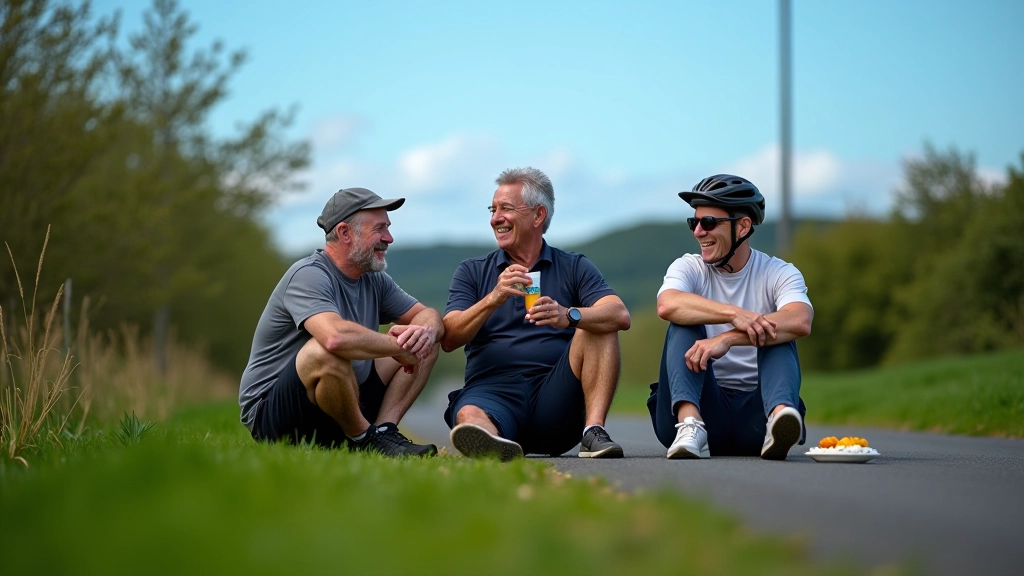 Group of cyclists taking break on grassy area beside paved path, enjoying refreshments and conversation