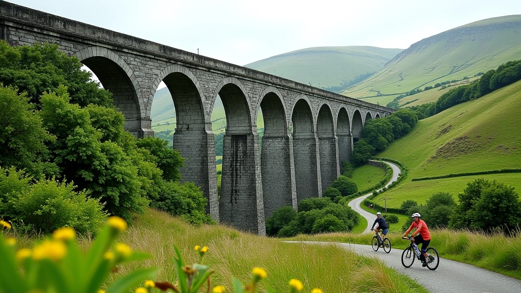 Scenic photo of old railway bridge or viaduct spanning a valley with green fields below, historic stone structure, countryside landscape, daylight