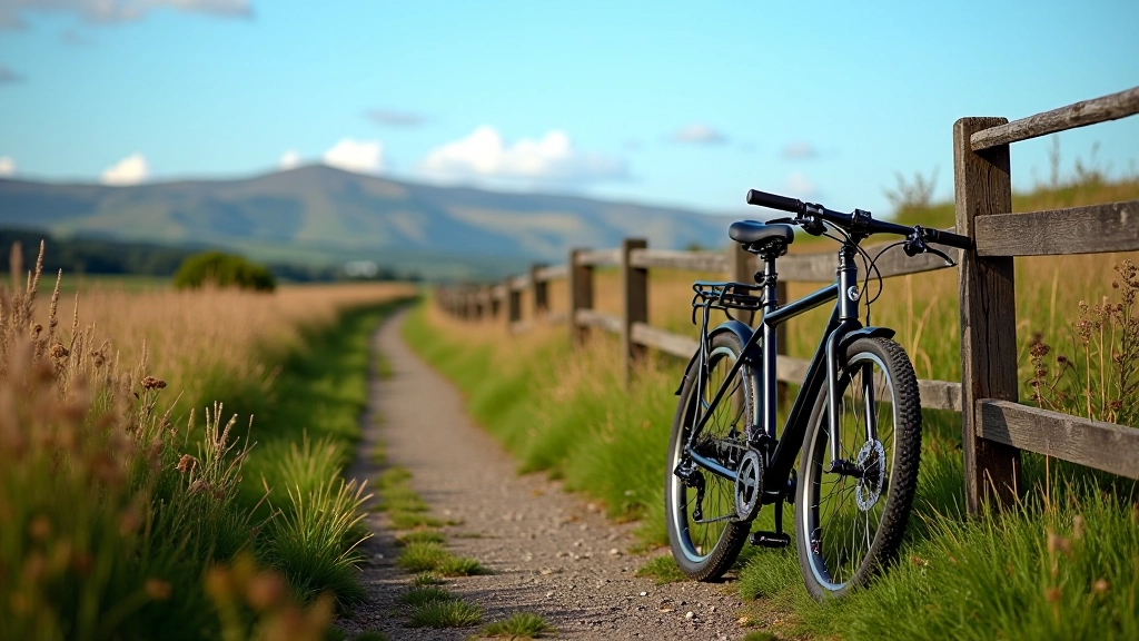 Close-up of bicycle leaning against wooden fence with countryside backdrop and blue sky