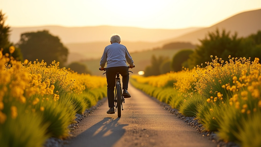 Scenic view of paved cycling path with wildflowers on both sides and distant mountains