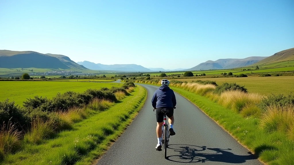Panoramic view of the greenway cycling path winding through lush green Irish countryside with rolling hills and mountains in background