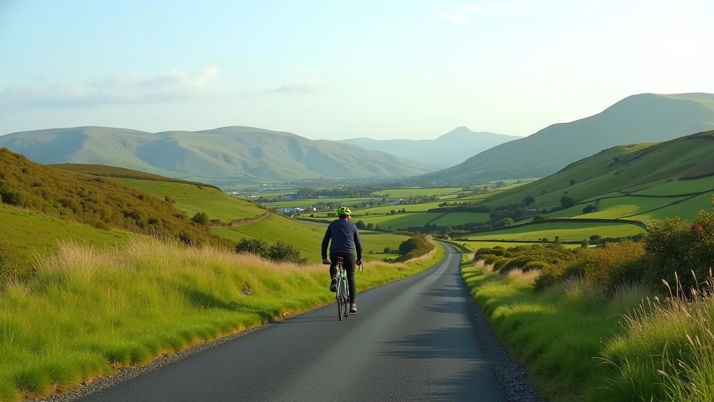 Scenic vista of rolling Irish countryside with mountains in distance and cycling path winding through landscape