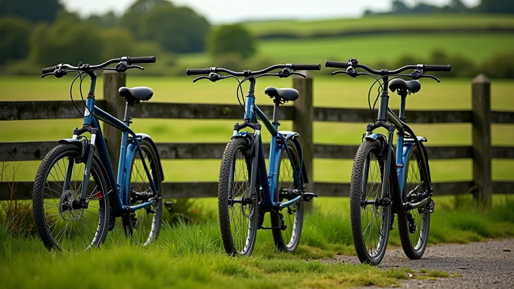 Three different types of bicycles leaning against wooden fence with green landscape in background