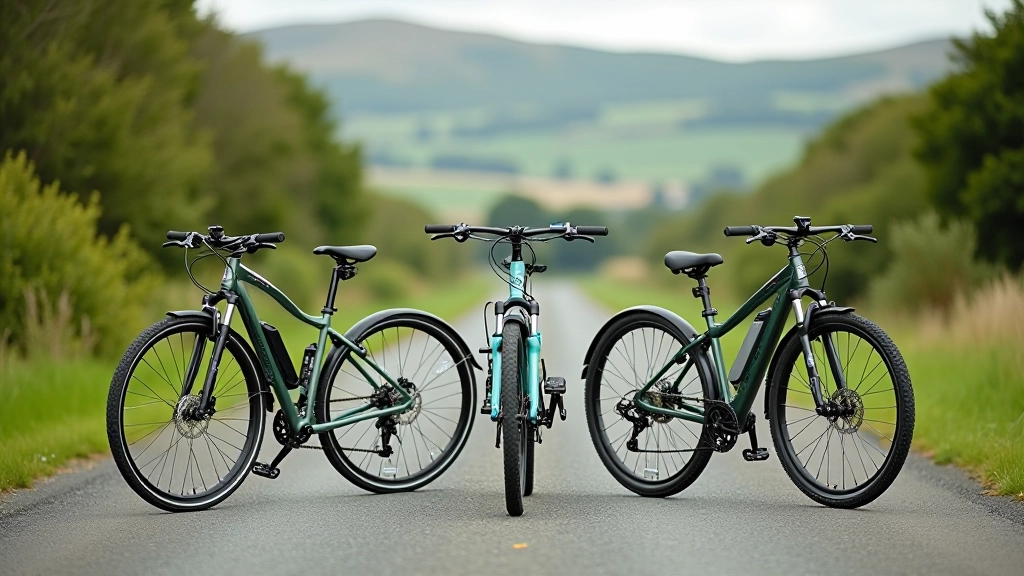 Three different types of bicycles displayed side by side in outdoor setting, showing hybrid, road bike, and comfort bike styles with clear detail of frame geometry and tire sizes