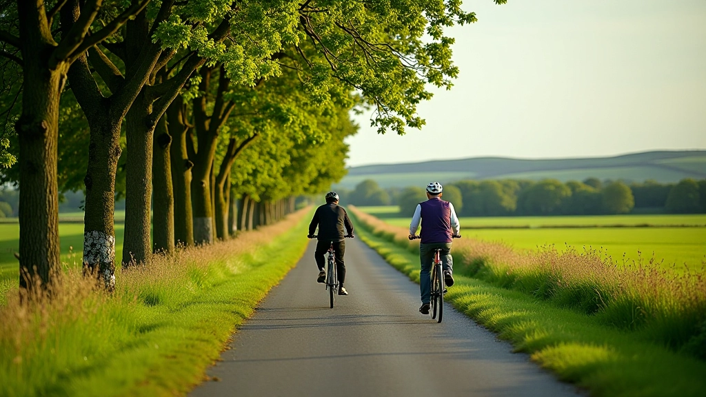 Cyclists riding on the Great Western Greenway with green fields in the background